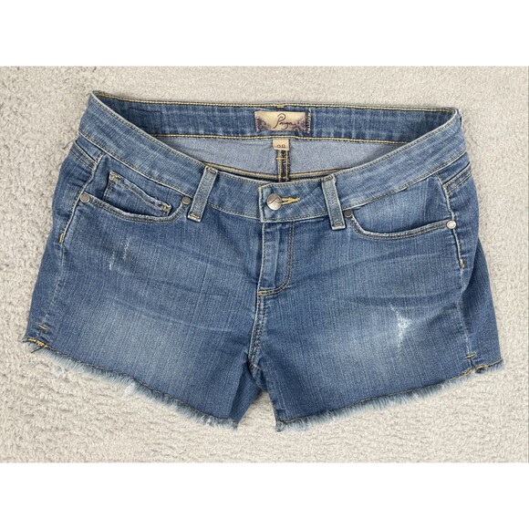 Paige Jean Shorts Womens 28 (30x3) Blue Distressed Cut Off Fray Hem Medium Wash - Picture 1 of 8